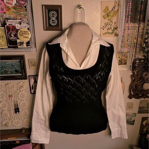 Knit Sweater Vest Shirt Blouse Women's Small Black White Collared Long Sleeve